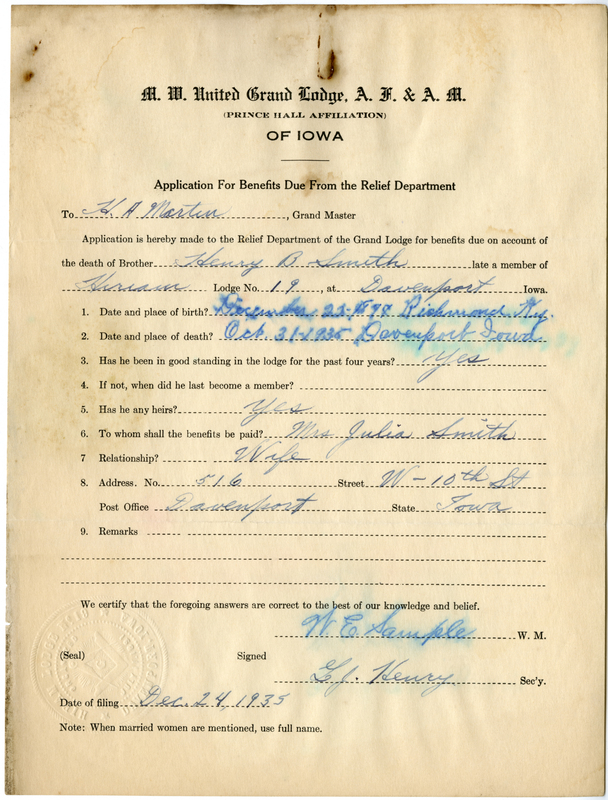 Application for benefit funds from Relief Department on behalf of Henry B. Smith of Hiram Lodge #19. Died October 31st, 1936.