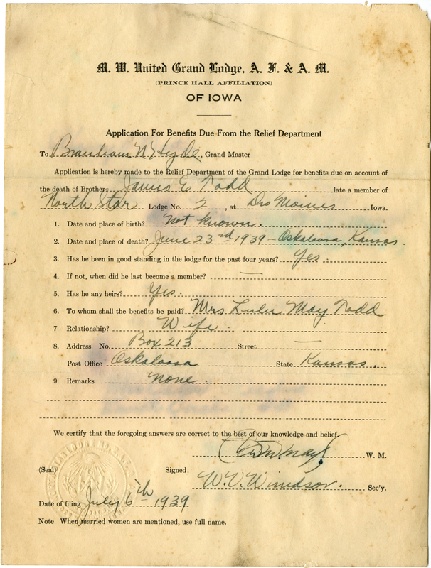 Application for benefit funds from Relief Department on behalf of James E. Todd of North Star Lodge #2. Died June 23rd, 1939.