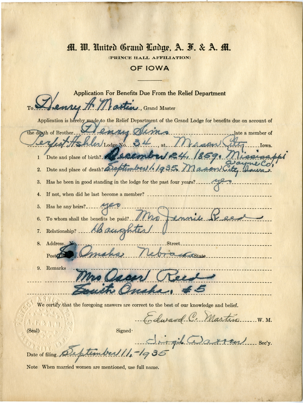 Application for benefit funds from Relief Department on behalf of Henry Sims of Perfect Ashler Lodge #34. Died September 1st, 1935.