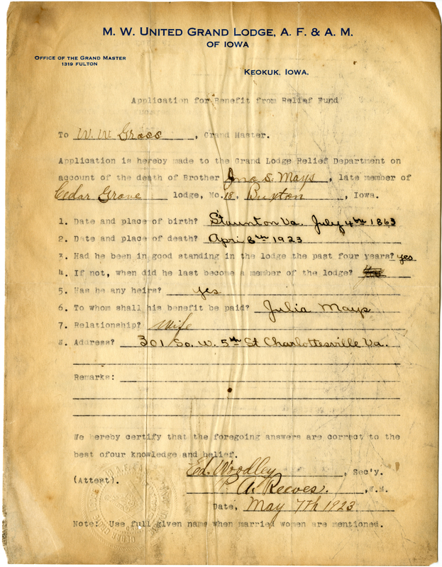 Application for benefit from Relief Fund on behalf of John S. Mays of Cedar Grove Lodge #18. Died April 8th, 1923.