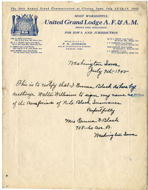 Certifying a Walter (?) Williams to sign as a beneficiary of N. L. Black Insurance. Written on United Grand Lodge A. F. & A. M. (PHA) letterhead.