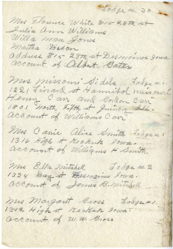 Lists Names of beneficiaries to accounts (late brothers), including address and associated lodge.