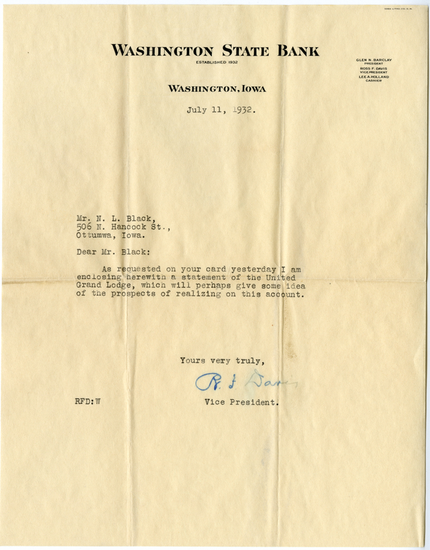Washington State Bank Vice President describes financial interests for United Grand Lodge.