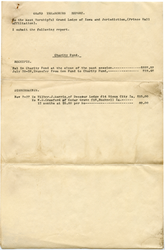 Financial summary including receipt and disbursement of General Funds, Relief Department, and Burial Fund. Inlcudes names and lodges for disbursements.