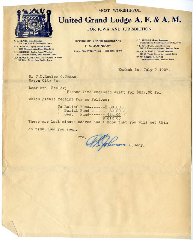 Letter confirms receipt of payment.