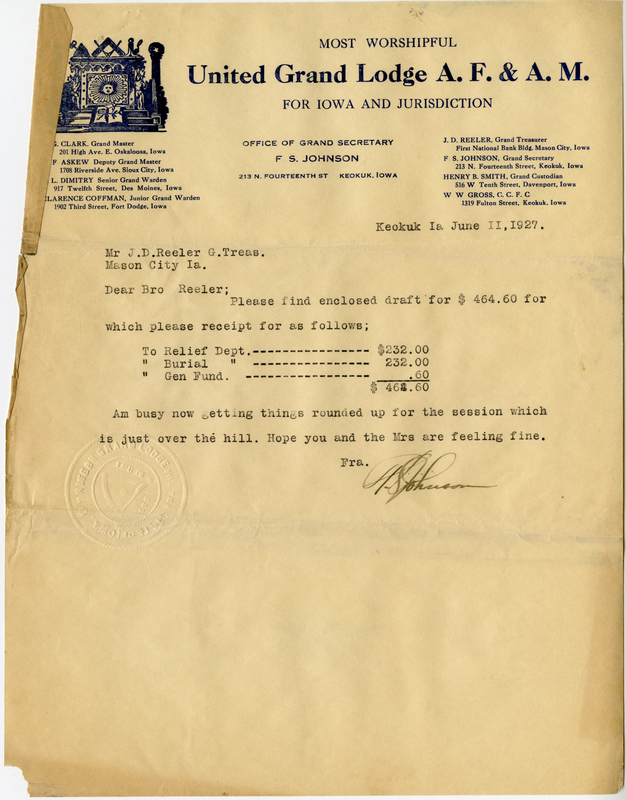 Letter confirms receipt of payment.