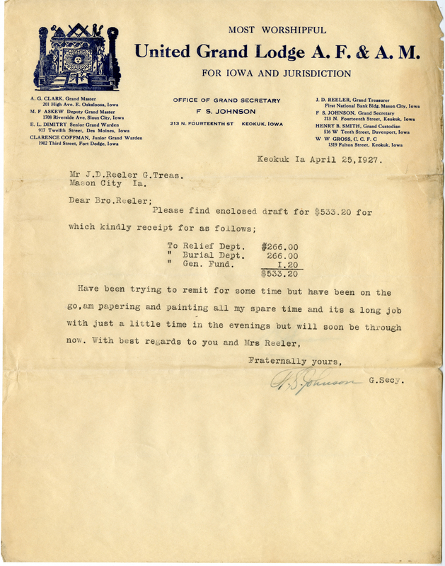 Letter confirms receipt of payment.