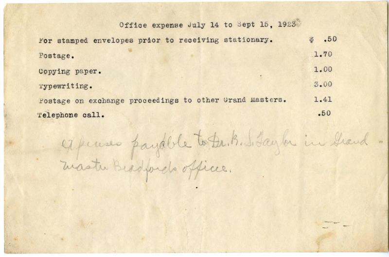 Lists expense type and cost, with handwritten note stating it is payable to Dr. B. S. Taylor in Grand Master Bradford's office.