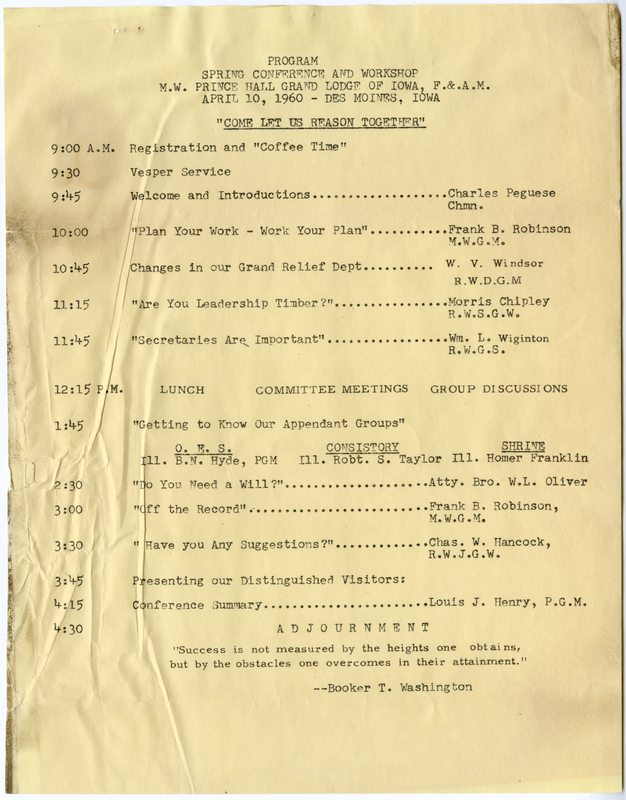Program of events. Lists names of presenters.