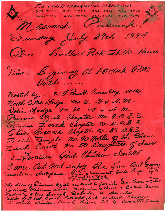 Program for family friendly picnic event. Lists several Des Moines based masonic organizations. Handwritten note on back side.