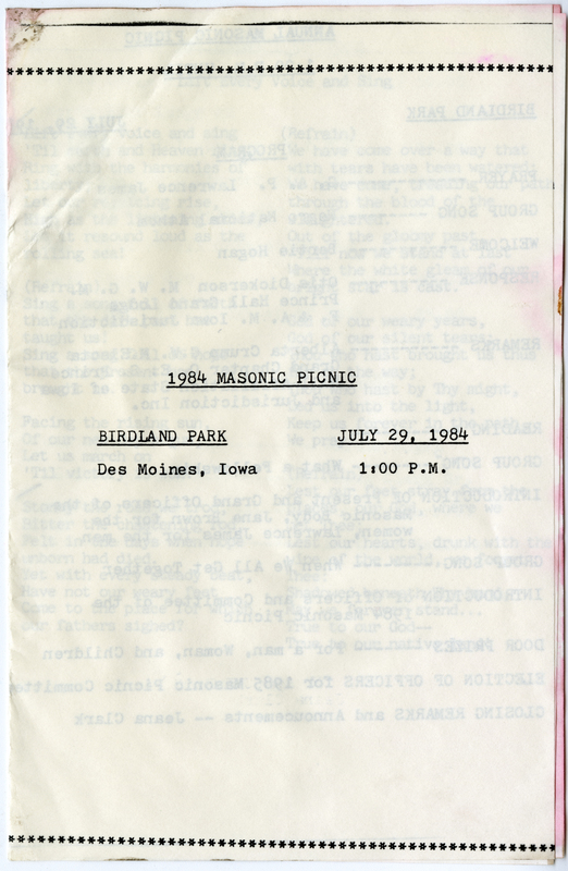 Program of events for Annual Masonic Picnic and lyric insert for "Lift Every Voice and Sing."