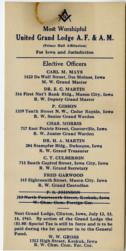Lists elective officers. Most Worshipful Grand Master Carl M. Mays.