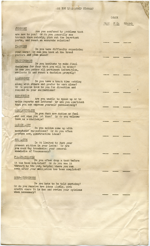 Questionaire to assess leadership qualities within the lodge.