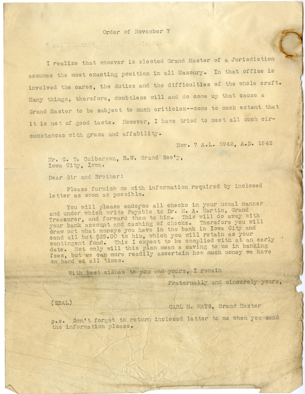 Letter to C. T. Culberson, Grand Secretary, from Carl M. Mays, Grand Master.