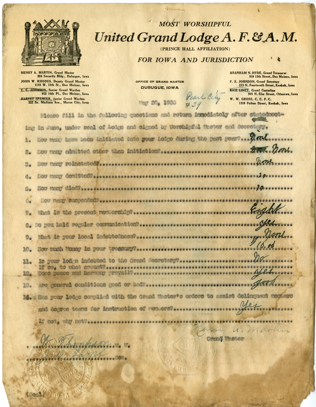 Lists lodge information: admissions, initiations, demits, reinstatements, deaths.