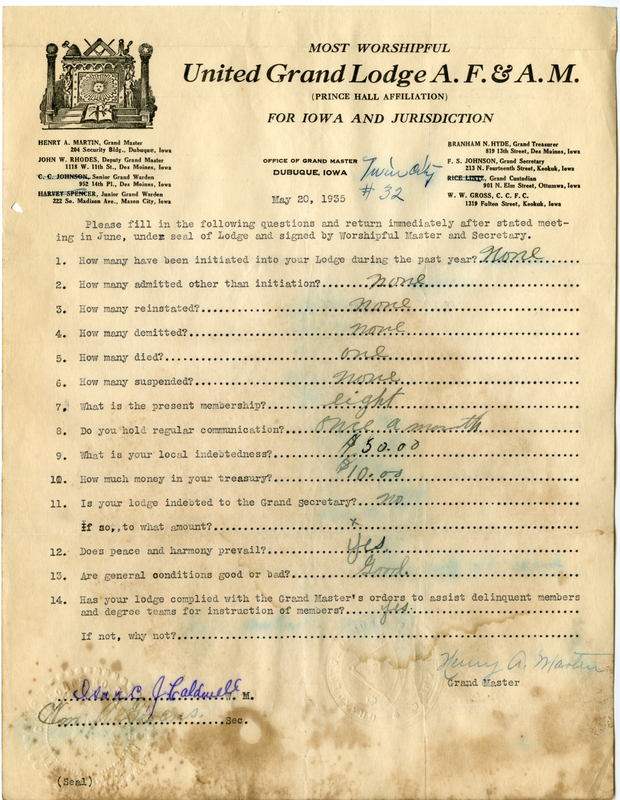 Lists lodge information: admissions, initiations, demits, reinstatements, deaths.