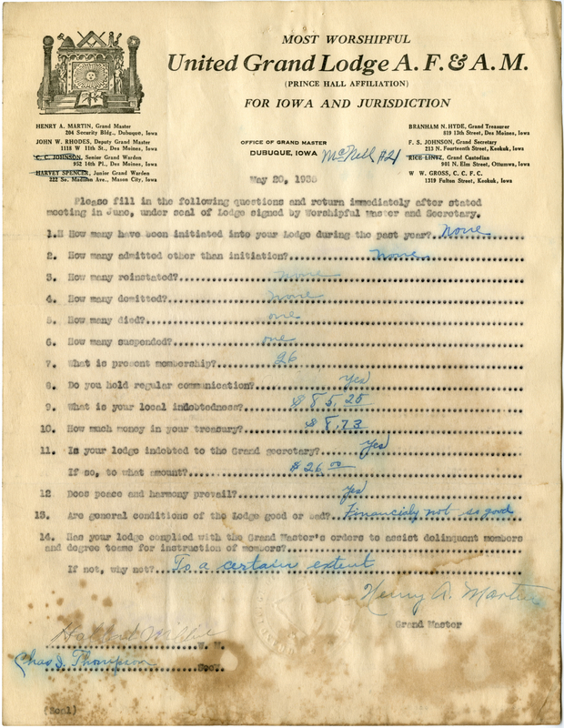 Lists lodge information: admissions, initiations, demits, reinstatements, deaths.