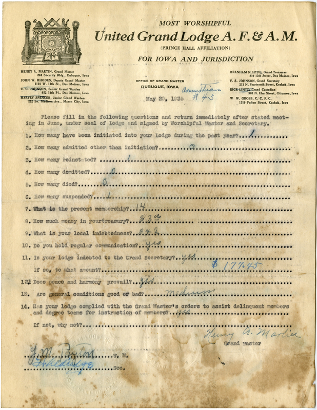 Lists lodge information: admissions, initiations, demits, reinstatements, deaths.