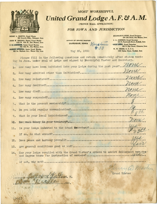 Lists lodge information: admissions, initiations, demits, reinstatements, deaths.
