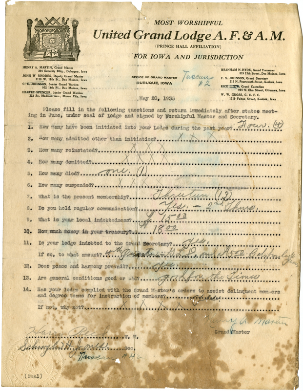 Lists lodge information: admissions, initiations, demits, reinstatements, deaths.