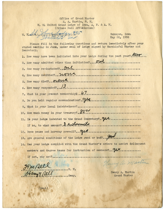 Lists lodge information: admissions, initiations, demits, reinstatements, deaths.