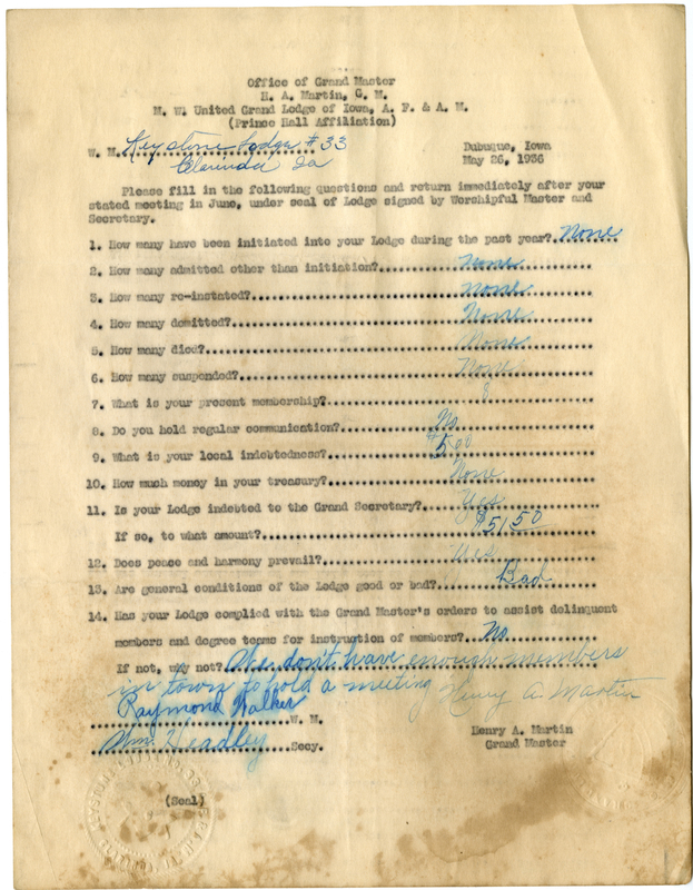 Lists lodge information: admissions, initiations, demits, reinstatements, deaths.