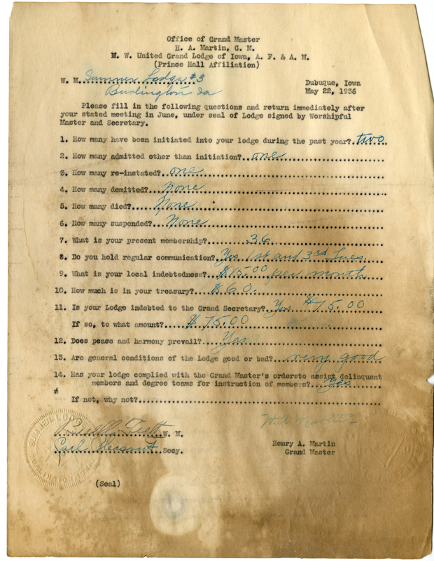 Lists lodge information: admissions, initiations, demits, reinstatements, deaths.
