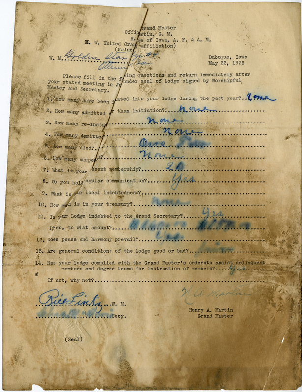 Lists lodge information: admissions, initiations, demits, reinstatements, deaths.