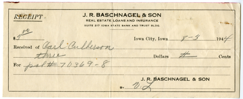 Receipt of payment for three dollars.