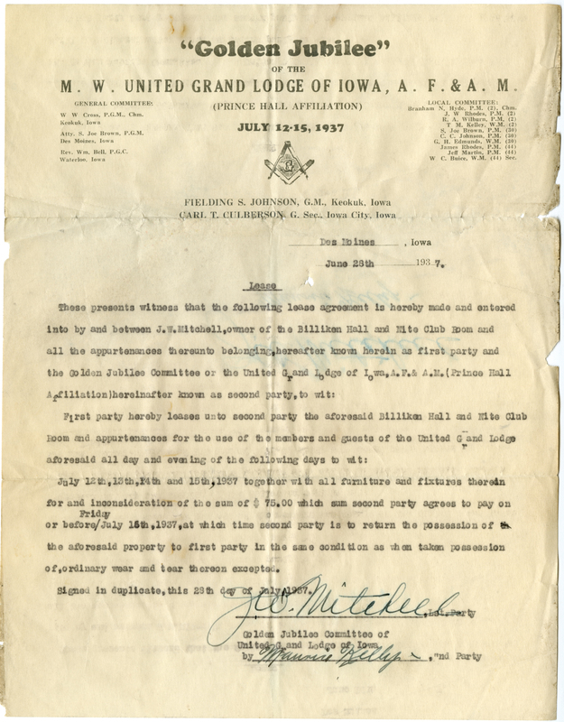 Lease agreement between J. W. Mitchell, owner of the Billiken Hall and Nite Club Room, and the Golden Jubilee Committee of United Grand Lodge of Iowa. Event to be held July 12-15, 1937.