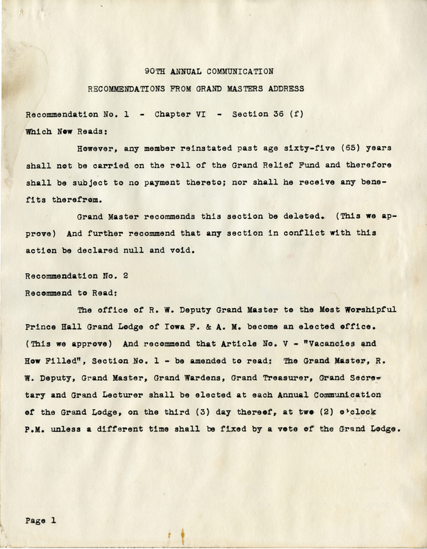 90Th Annual Communication, Recommendations From Grand Master's Address