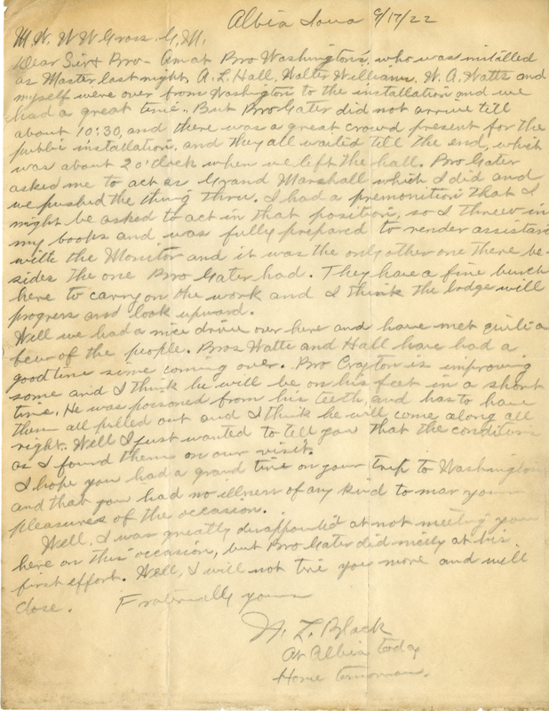 Correspondence Between Grand Master W. W. Gross And A. L.? Black