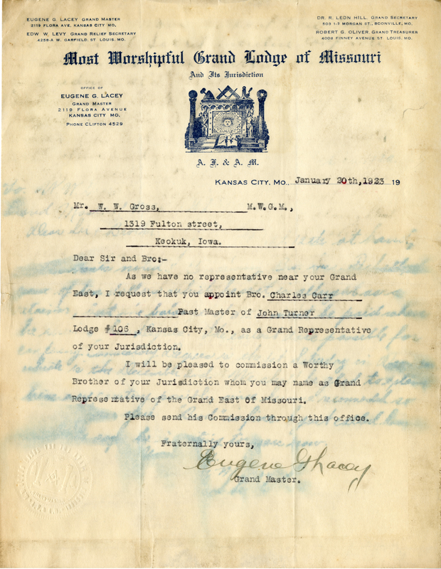 Lacey was Grand Master of Prince Hall Grand Lodge of Missouri.