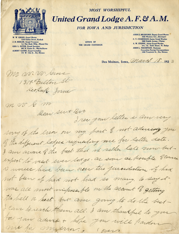 Correspondence Between W. W. Gross And Albert Gater