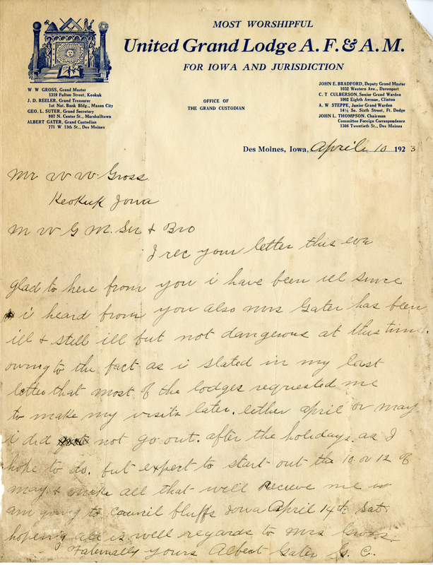 Correspondence Between W. W. Gross And Albert Gater