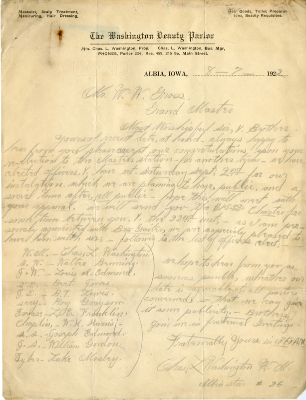 Written on letterhead from the Washington Beauty Parlor.