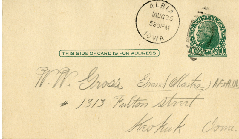 Written on plain U. S. Postal Card.