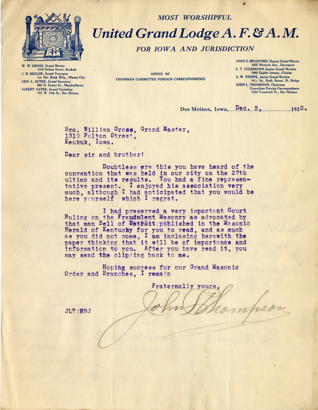 Correspondence Between William Gross And John L. Thompson