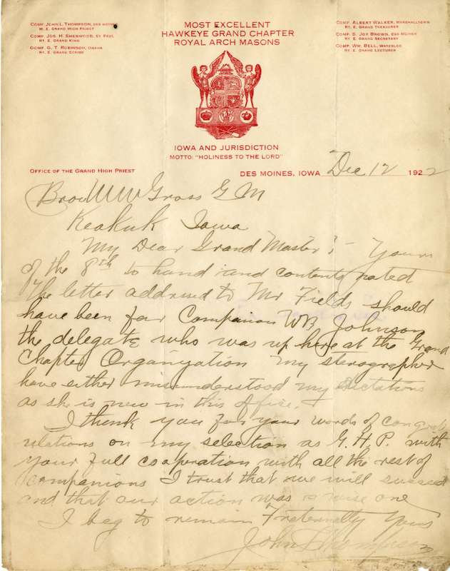 Written on letterhead from the Most Excellent Hawkeye grand Chapter Royal Arch Masons. Thompson was the M. E. Grand High Priest.