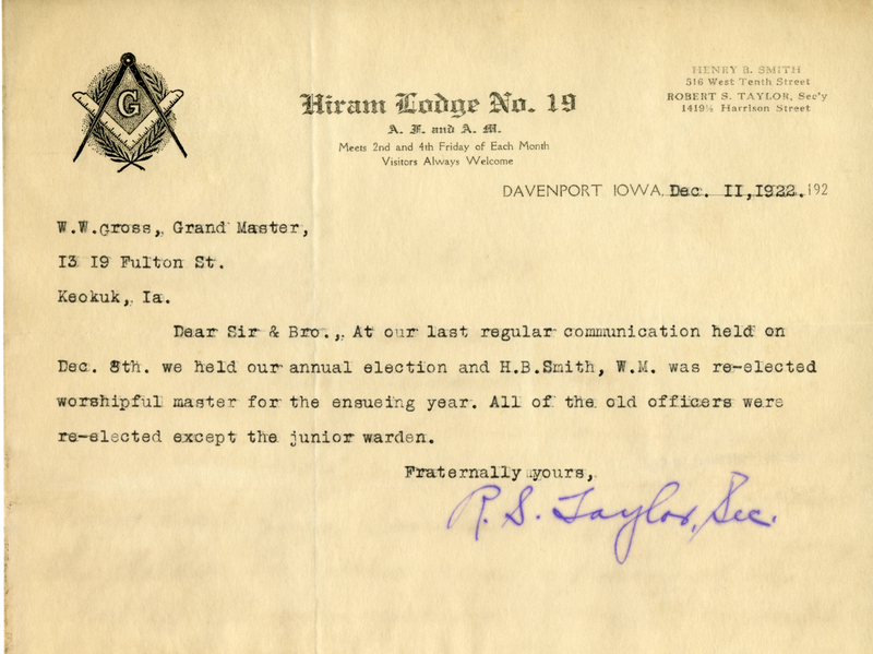 Sent from Hiram Lodge #19.