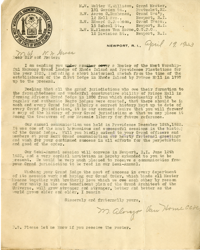 Sent from Most Worshipful Harmony Grand Lodge F. and A. M. of the State of Rhode Island.