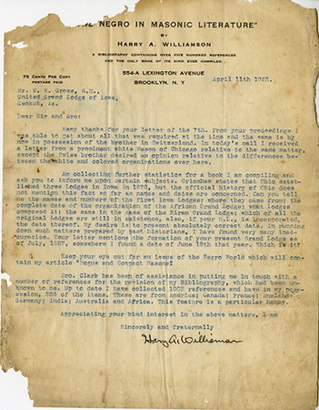 Damage to paper edges obscure the beginning of the letterhead, "[blank} Negro in Masonic Literature," a bibliography containing over five hundred references and the only book of its kind ever compiled.