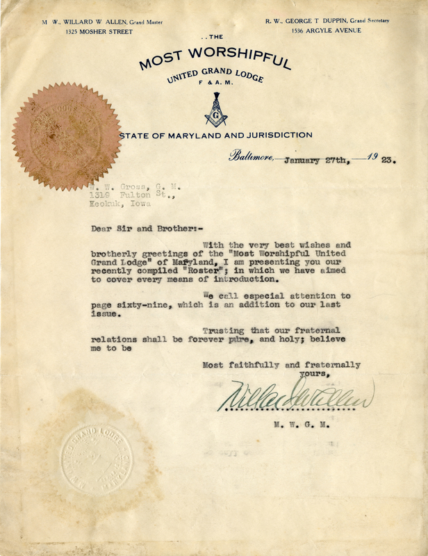 Written on letterhead from the Most Whorshipful United Grand Lodge F. & A. M. State of Maryland Jursidiction.