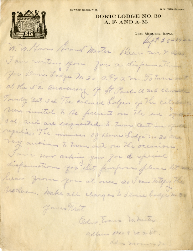 Written on letterhead from Doric Lodge #30.