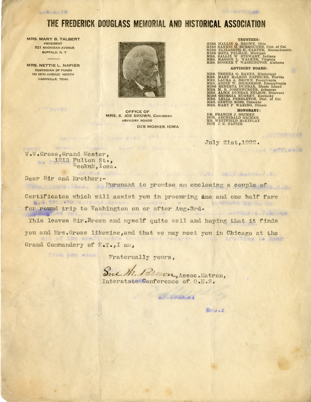 Written on letterhead from the Frederick Douglass Memorial and Historical Association. Brown was Chairman of the Advisory Board.