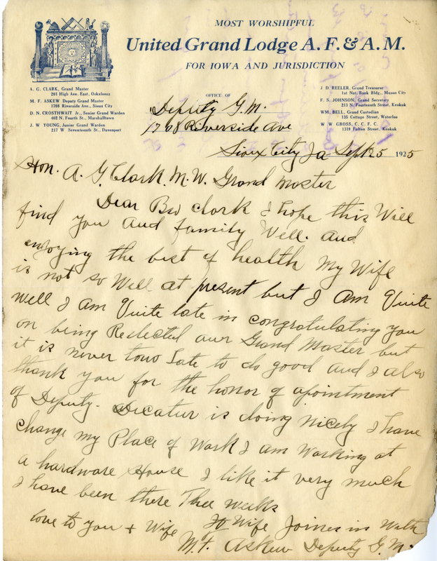 Correspondence Between M. F. Askew And Grand Master A. G. Clark