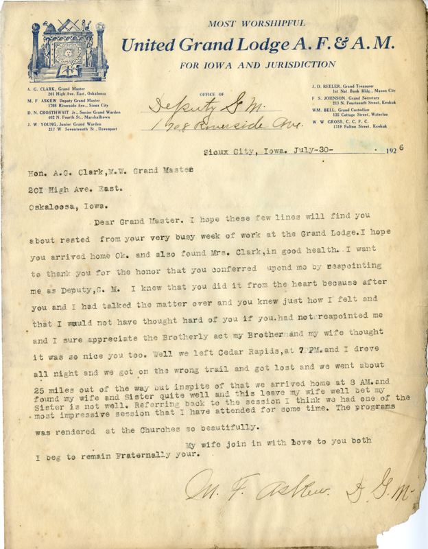 Correspondence Between M. F. Askew And Grand Master A. G. Clark