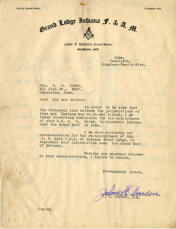 Written on letterhead from Grand Lodge Indiana F. & A. M.