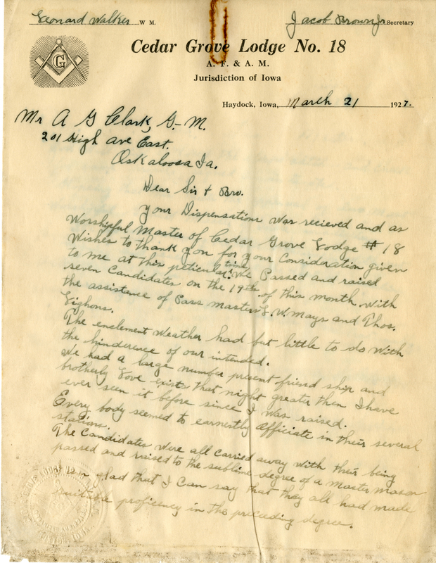 Written on letterhead from Cedar Grove Lodge #18.