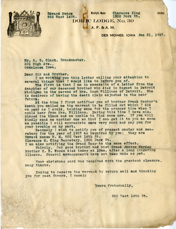 Written on letterhead from Doric Lodge #30.